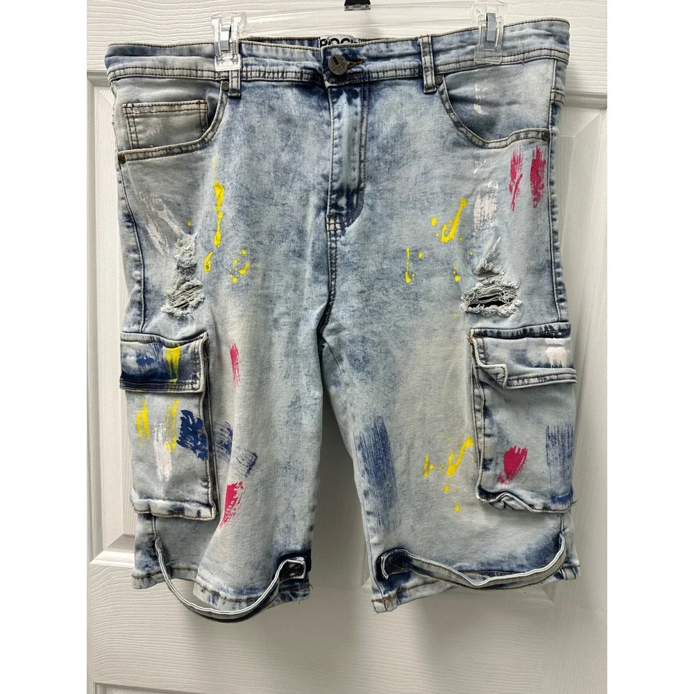Rock‎ Salt Mens Distressed Paint Splatter Denim Cargo Shorts Light Wash Size 38